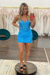 Blue Spaghetti Straps Bodycon Sequins Homecoming Dress